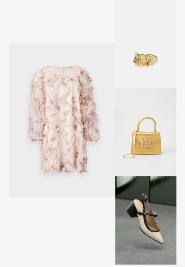 Cvetlična obleka iz lahkega, prosojnega materiala z naboranimi rokavi. Ima pastelno barvno paleto rožnatih, modrih in zelenih cvetnih vzorcev.; Bežna slingback čevlja z uskim sprednjim delom, črnimi detajli, zlatim zaponko in debelim blokovskim peto na sivi tleh s temno zeleno ozadje.; Rumeno usnjeno-usnje z vzorcem krokodila, s strukturiranim dizajnom, zgornjo ročajem, snemljivo verižico in dekorativnim kristalnim okrasjem na zaponki.; Zlati prstan z teksturiranim, valovitim dizajnom, ki ima tri izrazite vrhove. Gladka, sijoča površina z odprtim pasom za prilagodljivo prileganje.