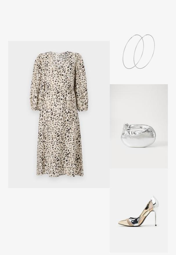 Vestido de estampado de leopardo en beige con mangas abullonadas cortas, cintura ajustada y falda fluida. Fabricado en una tela ligera y estampada.; Zapato de tacón alto con punta afilada en una combinación de colores plateado, dorado y nude. Acabado brillante con diseño recortado, que presenta un tacón de aguja.; Bolsa de pouch metálica plateada con una forma suave y redondeada y un cierre en la parte superior con un nudo. Hecha de un material de imitación de cuero suave.; Pendientes de aro plateados con un diseño minimalista. Forma circular, textura suave y perfil delgado. Livianos con un acabado pulido.