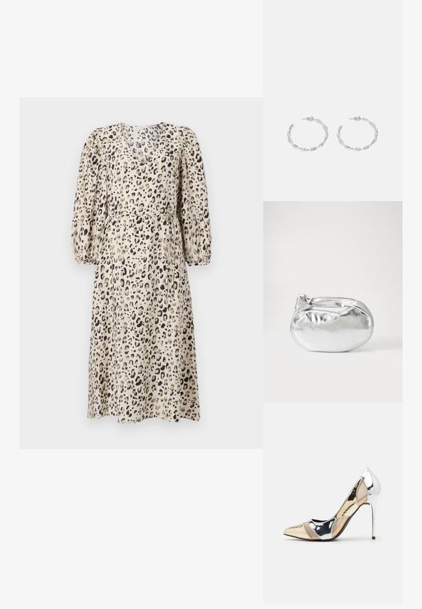 Robe à imprimé léopard en beige avec des manches ballons courtes, une taille cintrée et une jupe fluide. Fabriquée à partir d'un tissu léger à motif.; Chaussure à talon aiguille à bout pointu avec un schema de couleurs argent, or et nude. Fini brillant avec un design découpé, dotée d'un talon stiletto.; Pochette en métal argenté avec une forme douce et arrondie et un fermoir en haut noué. Fabriquée en simili cuir lisse.; Boucles d'oreilles en argent en forme de créoles avec un design torsadé, dotées d'une finition polie et d'une fermeture à poussoir. Mesurent environ 3 cm de diamètre.