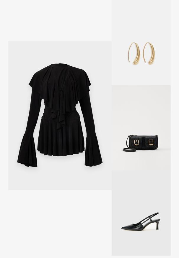 Černý top s dlouhým rukávem, zdobený vrstvami volánů, s rozšířenými rukávy a přiléhavým pasem. Vyrobený z měkké tkaniny s volnou sukní.; Černé lakované slingback podpatky s špičatou špičkou, zdobené texturovaným hadím vzorem, nastavovacím páskem a krátkým texturovaným blokovým podpatkem.; Černá kožená crossbody taška se dvěma předními kapsami, zlatými přezkami, zipovým uzávěrem a štíhlým popruhem. Texturovaný povrch a kompaktní obdélníkový tvar.; Náušnice ve tvaru kruhu z pozlaceného kovu s vroubkovaným, prodlouženým tvarem. Mají hladký, lesklý povrch a zaoblený konec pro zvýraznění detailu.