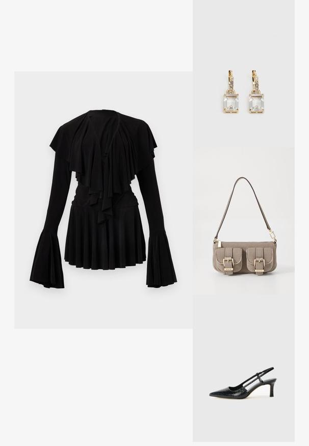T-shirt preta de mangas longas com camadas de babados, mangas largas e cintura ajustada. Feita de um tecido suave com um design de saia fluída.; Salto slingback em patente preta com bico apontado, apresentando um padrão de pele de cobra texturizado, tira ajustável e um salto bloco curto e texturizado.; Bolsa de mão texturizada bege com alça ajustável, dois bolsos frontais fechados por fivelas e detalhes em metal dourado. Fecho em zíper na parte superior.; Brincos em tom de ouro com um cristal retangular claro pendurado abaixo de uma linha de pequenos acentos redondos claros. Design elegante e moderno.