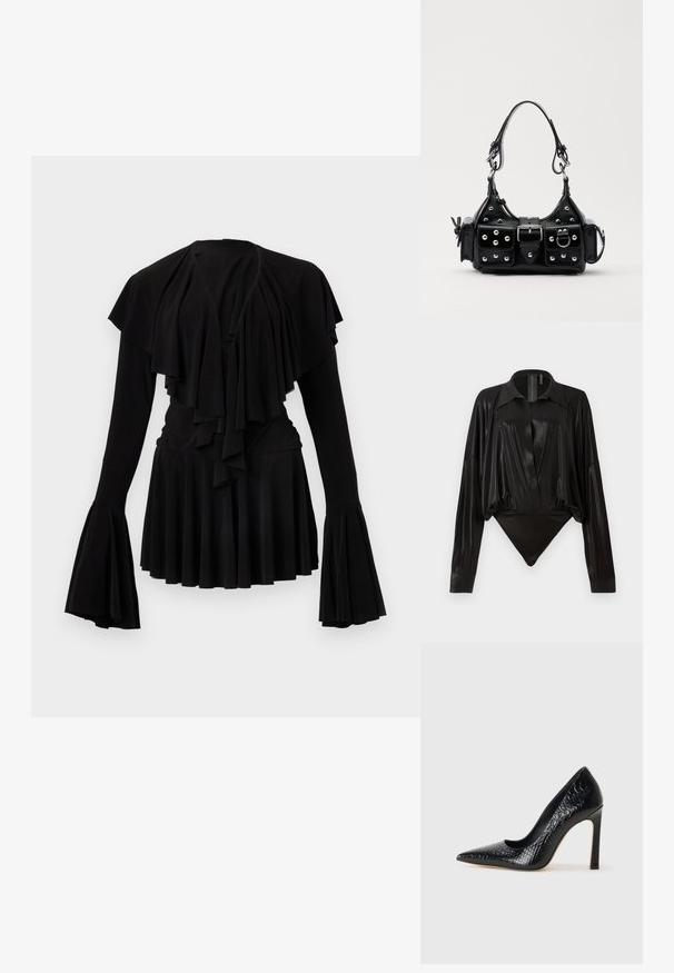T-shirt preta de mangas longas com camadas de babados, mangas largas e cintura ajustada. Feita de um tecido suave com um design de saia fluída.; Bodysuit preto com mangas longas, decote em V e silhueta ajustada. Feito de um tecido brilhante e suave, com colarinho e punhos estruturados.; Sapato de salto alto de bico fino preto com textura de pele de crocodilo, apresentando um design elegante, salto agulha alto e interior preto suave.; Bolsa de couro preta com um design curvado, apresentando tachas prateadas, uma fivela e dois bolsos laterais. Alça ajustável para opções de transporte.
