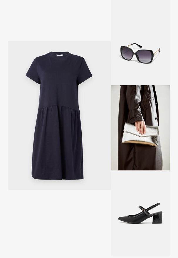 Tummansininen lyhythihainen mekko, joka on valmistettu pehmeästä puuvillasta. Mekossa on pyöreä pääntie ja rypytetty vyötärö, joka luo hulmuavan siluetin.; Musta lakattu nahka slingback-korkokengät, joissa on terävä kärki, pyöreä aukko-muotoilu ja lohkokorko. Varustettu kultasävyisellä solkiyksityiskohdalla.; Mustat ylisuurten kehysten aurinkolasit, joissa on liukuväri-linssit, paksut kehykset ja kultasävyiset ketjustuskoristeet temppeleissä.; Hopeinen metallinen clutch-angular kirjekuorimuotoilu, sileä pinta ja kontrastivärinen sisustus, pidetään kädessä, jossa on musta takki.