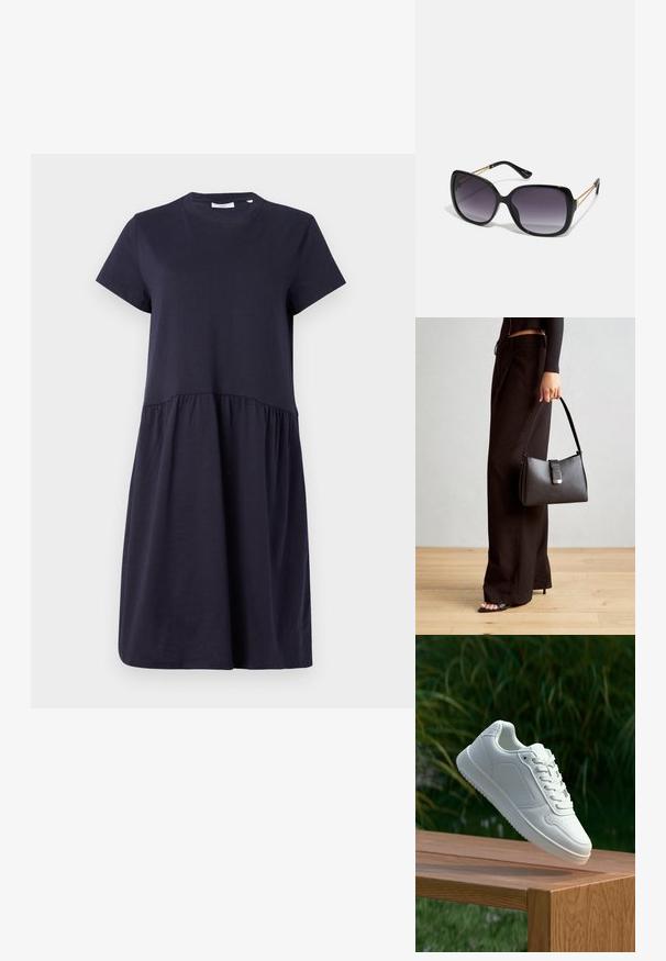 Tamsiai mėlynos spalvos trumpomis rankovėmis suknelė iš švelnios medvilnės, turinti apvalų iškirpimą ir susiraukšlėjusią juosmenį, suteikiančią platėjančią siluetą.; Balti sneakeriai su lygia sintetine viršutine dalimi, perforuota pirštų zona, plokščiomis raištelėmis ir tekstūruotu padu, padėti ant medinės paviršiaus.; Juodos didelės saulės akinių su pereinamais objektyvais, storomis rėmeliais ir auksinės spalvos grandinėmis ant šventyklų.; Juodas rankinė struktūrizuota forma, lygi tekstūra ir metalinis užsegimas. Suporuota su plačiomis juodomis kelnėmis ir atvirais bateliais ant medinių grindų.