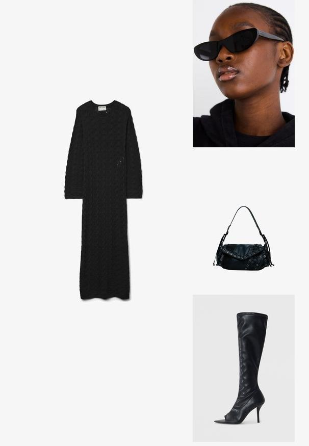 Schwarzes gestricktes Kleid mit einem strukturierten Muster, das einen runden Halsausschnitt und lange Ärmel aufweist und bis zur Knöchellänge reicht.; Schwarze synthetische Lederstiefel in Knielänge mit einer spitzen offenen Zehe und einem hohen Stiletto-Absatz. Strukturierte Oberseite und glatte Oberfläche.; Schwarze Cat-Eye-Sonnenbrillen mit matter Oberfläche, die sich durch ein elegantes Design und sanft geschwungene Kanten auszeichnen, vor einem Modell in dunkler Kleidung.; Desigual Handtasche - black