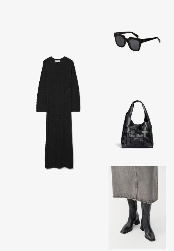 Melns adīts kleita ar teksturētu rakstu, kurai ir apaļa kakla izgriezuma forma un garas piedurknes, un tā sniedzas līdz potītēm.; Melnas ceļgala augstuma zābaki izgatavoti no gludas ādas ar kvadrātveida purngalu un bloku papēdi. Valkāti ar pelēku denima svārku ar plīsu malu.; Melni taisnstūra saulesbrilles ar biezām plastmasas apmali un tumšiem stikliem. Rokas ir elegantas ar spīdīgu apdari un minimālu zīmolu.; Melna ādas austā tote soma ar brīvu formu un plašu plecu siksnu. Aprīkota ar teksturētu, savītotu dizainu ar gludu apdari.