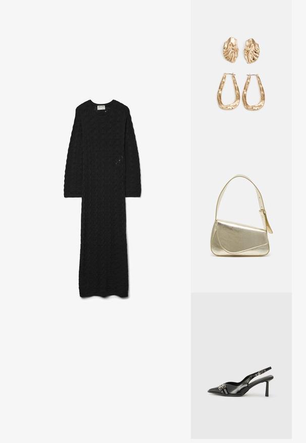 Mustra tekstuuriga must kootud kleit, ümmarguse kaelusega ja pikkade varrukatega, ulatudes pahkluuni.; Must musta nahk kingad sanga ja terava ninaga, ankle strapidega, millel on hõbedased pandlad ja riistvara ning õhuke konts.; Kuldmetallist käekott, millel on struktureeritud disain, sile tekstuur ja reguleeritav rihm. Omab ainulaadset kolmnurkset kuju ja minimalistlikku õmblust.; Kuldse värvi kõrvarõngad, mis on kaunistatud tekstuursete ja laineliste kujunditega. Komplektis on skulpturaalsed klamber kõrvarõngad ja avatud rõngasdisain, millel on lõhestatud viimistlus.