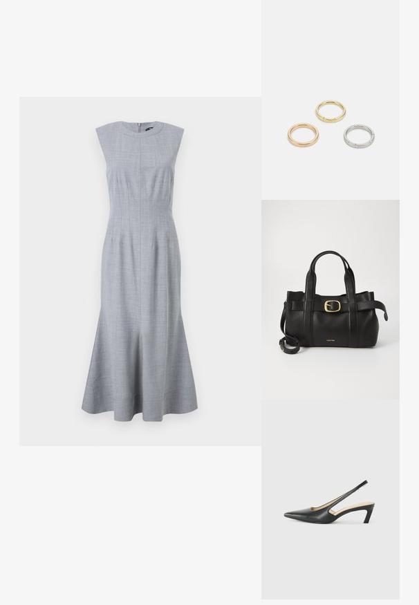Hihaton vaaleanharmaa mekko, jossa on istuva yläosa, levenevä helma ja huomaamaton pystysuora ompelu. Vetoketjukiinnitys takana.; Musta, kärjeltään terävä slingback-kengä, jossa on matala korko. Kengässä on sileä nahkamateriaali ja sivuilla leikkaukset hengittävyyttä varten.; Musta nahkakäsilaukku, jossa on struktuurinen muotoilu, kaksoiskahvat, kultasävyinen solkiaksentti ja kohokuvioitu brändilogo edessä.; Kolme metallirengasta: yksi ruusukultainen, yksi kultainen teksturoiduilla yksityiskohdilla ja yksi hopeinen, kaikki kaiverretulla brändäyksellä sisäpuolella.