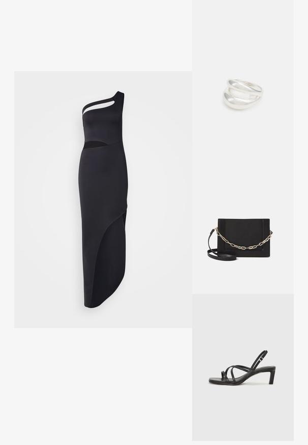 Cras DRESS - Trikotāžas kleita - black; Melnas strappy sandales ar kvadrātveida purngaliem un zemu bloku papēdi. Ievērojamas ar vairākiem plāniem siksniņām un regulējamu potītes siksniņu. Izgatavotas no gludas ādas.; Melna ādas crossbody soma ar gludu faktūru, taisnstūrveida formu un metalizētu ķēdes detaļu priekšā. Iekļauta regulējama siksna.; Sudraba divu joslu gredzens ar gludu, pulētu virsmu. Iezīmējas ar plūstošu, izliekta dizaina struktūru ar pārklājošām sekcijām modernam izskatam.