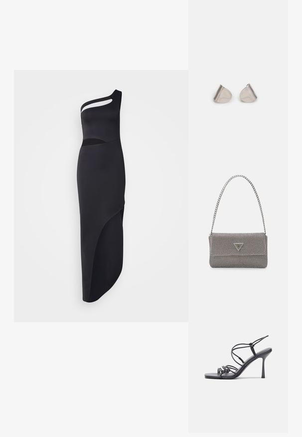 Cras DRESS - Dzsörzéruha - black; Fekete magas sarkú szandálok vékony pántokkal, csomózott mintával, sima négyzetes orral és karcsú stiletto sarkal rendelkeznek.; Világosszürke fémes kézitáska lánc pánttal, kis kör alakú fém kifinomult díszítéssel és háromszög alakú márkagéppel.; Ezüst fém fülbevalók sima, csepp alakú formával és fényes felülettel. Finom gravírozások teszik részletessé. Minimalista dizájn.