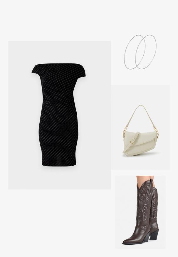 Čierne off-shoulder šaty s vertikálnymi striebornými prúžkami; priliehavý strih, hladká textúra a dĺžka po kolená.; Hnedé kožené kovbojské topánky s špicatou špičkou a blokovým podrážkou, so zložitým prešívaním a vyvýšenými akcentmi na puzdre.; Malá krémová kabelka s textúrovaným povrchom, dlhým nastaviteľným popruhom, reťazovým detailom a klopovým uzáverom. Zlaté kovové prvky.; Strieborné kruhové náušnice s minimalistickým dizajnom. Cirkulárny tvar, hladký povrch a tenký profil. Ľahké s lesklým povrchom.