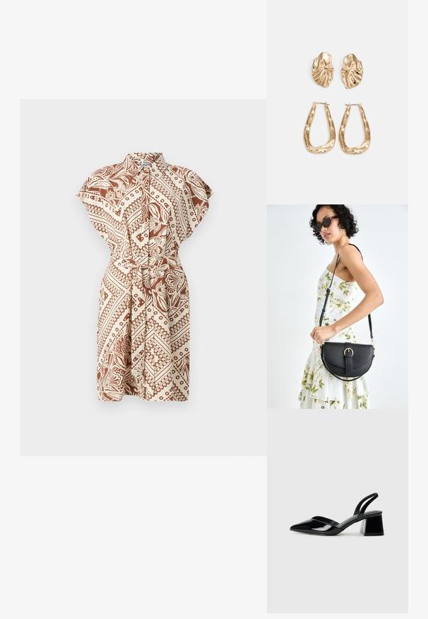 Galléros, rövid ujjú ruha barna és bézs mintával, megkötős derékrésszel és laza szabással. Jellemzője a batyu design és a sima anyagtextúra.; Fekete lakk bőr szandálkés magas sarkú cipő, hegyes orral és geometrikus tömbsarkakkal. Karcsú, minimalista dizájn és sima textúra jellemzi.; Fekete bőrtáska ívelt formával, levehető pánttal és arany színű fémrészekkel. A táskán egy csattal díszített fedél található.; Aranyszínű fülbevalók, texturált, hullámos formákkal. Tartalmazza a szobrászati klipszes studokat és az open hoop kialakítást, kalapácsos felülettel.