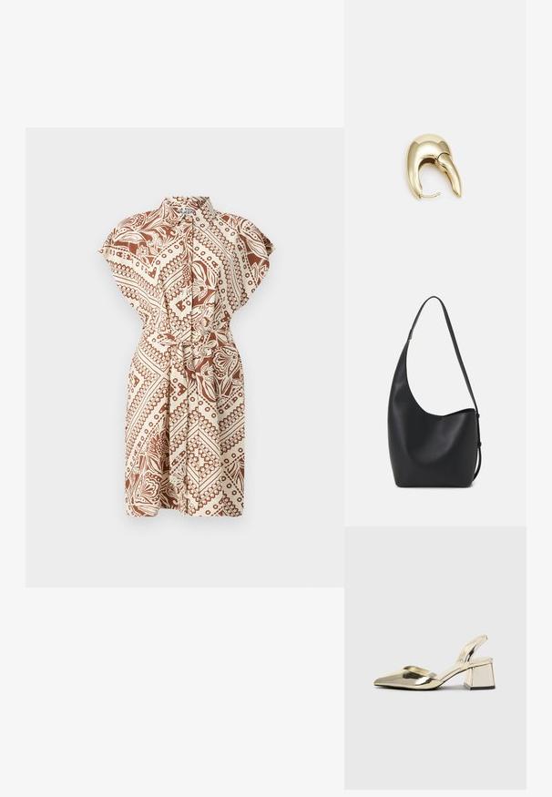 Kratka haljina s kragnom i kratkim rukavima, smeškanog uvijanja smešnog smeškanog svetla i bež uzorka, sa vezanjem u struku i opuštenim krojem. Poseduje dizajn s preklopom i glatku teksturu tkanine.; Zlatni metalik slingback sandali s šiljatim vrhom i debelim potpeticama. Glatka tekstura, minimalistički dizajn i uski remen.; Crna kožna hobo torba s glatkom teksturom, zakrivljenim oblikom i jednom podesivom trakicom; ima širok otvor na vrhu.; Zlatne metalne naušnice s elegantnim, zakrivljenim dizajnom. Imaju karakterističan šiljast oblik, poliranu površinu i zatvaranje na šarku.
