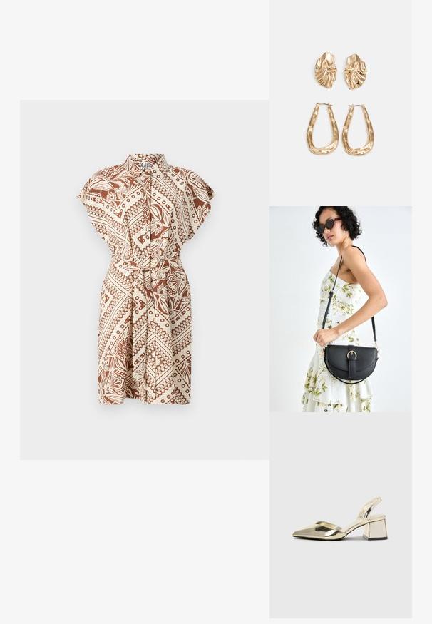 Kragekjole med korte ermer i brune og beige mønstre, belte i midjen og en avslappet passform. Har en omslagsdesign og en jevn tekstur.; Gull, metallisk slingback-hæler med spiss tå og chunky hæl. Glatt tekstur, minimalistisk design og en smal stropp.; Svart lærveske med en buet form, avtagbar stropp og gullbeslag. Vesken har et klaff med spenne-detall.; Gullfargede øredobber med teksturerte, bølgete former. Inkluderer skulpturelle klipsstuds og åpen hoop-design med en hamret finish.