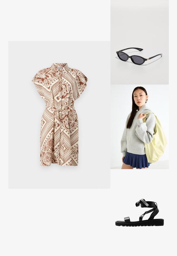 Apykaklė, trumpomis rankovėmis suknelė su ruda ir béžine raštu, su perrištu juosmeniu ir laisvu siluetu. Turi apvyniojimo dizainą ir minkštą audinio tekstūrą.; Juodos šlepetės su tekstūruota padu, su plonais dirželiais ir mazginiu dizainu. Pagamintos iš glotnaus medžiagos, modernios formos ir atvirais pirštais.; Juodos saulės akinius su ovaliais objektyvais, tamsiai gradientiniu tonu ir siaurais šonais, papuoštais subtiliais auksiniais akcentais. Lygus plastiko paviršius.; Pilkos spalvos per didelis džemperis su kengūros kišene, derinamas su tamsiai mėlynu plačiu sijonu. Acessuaras: didelė šviesiai geltona kuprinė, lygaus paviršiaus.