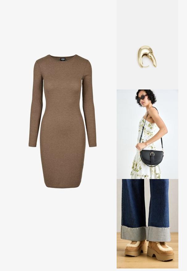 Žebrované šaty s dlouhým rukávem v bohaté hnědé barvě. Mají kulatý výstřih a přiléhavý střih, vyrobené z elastického pleteného materiálu.; Hnědé semišové platformové boty s krémovým kožešinovým podšívkou, spárované s volnými džínovými kalhotami se třepenými lemy a světlým džínovým manžetou.; Černá kožená kabelka s křivkovým tvarem, odnímatelným popruhem a zlatými detaily. Kabelka má klopu s přezkou.; Náušnice ve zlatém tónu z kovu s elegantním zakřiveným designem. Vyznačují se jedinečným špičatým tvarem, lesklým povrchem a závěsem na kloub.