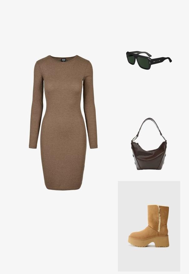 Ribbad klänning med långa ärmar i en rik brun färg. Har en rund halsringning och en figurnära silhuett, tillverkad av elastisk trikå.; UGG NEW HEIGHTS CUFF - Vinterstövlar - chestnut; Svarta rektangulära solglasögon med gröna linser. Har silverdetaljer på sidorna och en tjock ram, tillverkad av hållbar plast.; Mörkbrun läderhandväska med en böjd form, dragkedjsstängning och ett kort handtag. Har metallbeslag och dekorativa svarta knappar på sidan.