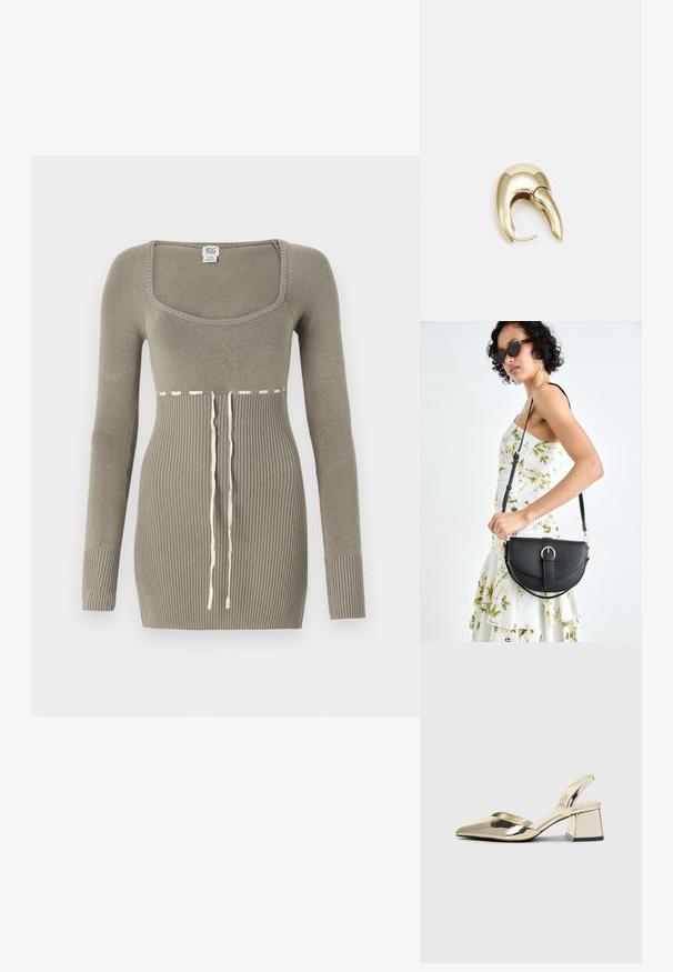 Grön stickad klänning med långa ärmar, fyrkantig halsringning, ribbat mönster på kroppen och dragsnöre i kontrasterande vitt vid midjan.; Guld, metalliska slingback-klackar med spetsig tå och chunky klack. Slät textur, minimalistisk design och en smal rem.; Svart läderhandväska med en böjd form, avtagbar rem och guldiga detaljer. Väskan har ett lock med en spänndetalj.; Örhänge i guldtonad metall med en elegant, böjd design. Har en distinkt spetsig form, polerad yta och gångjärnslås.