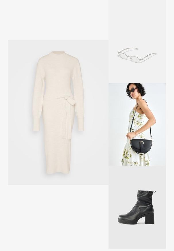 Vestido de malha em off-white com mangas longas, gola alta e um detalhe de cinto amarrado na cintura, apresentando uma silhueta ajustada.; Botas de tornozelo pretas feitas de couro liso, com fecho lateral, salto grosso texturizado e design de bico arredondado.; Óculos ovais com uma armação metálica prateada, lentes transparentes e detalhes texturizados em contas nas hastes. Design leve com braços curvos.; Bolsa de couro preta com forma curva, alça destacável e detalhes em dourado. A bolsa possui uma aba com detalhe de fivela.