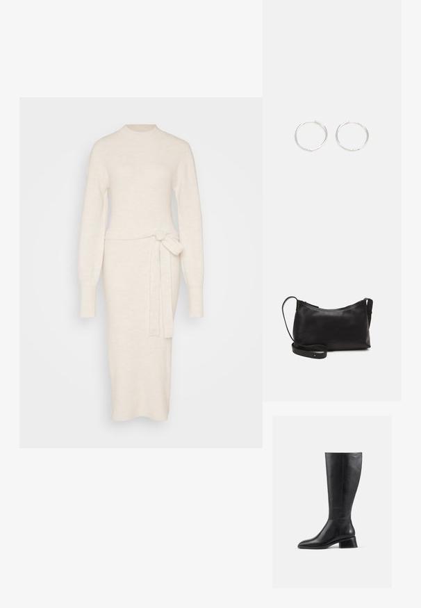 Mezgta suknelė šviesiai balta, su ilgomis rankovėmis, apykakle ir juosta waist, pasižyminti prigludusia siluetu.; Juodų odinių batų iki kelių su apvalia nosimi ir žemu, kvadratiniu kulnu. Pasižymi lygia tekstūra ir minimaliais siuvinėjimo akcentais.; Juodas odinis petinis krepšys su lygiu paviršiumi, išlenkta forma, reguliuojama dirželiu ir užtrauktuku. Minimalistinis dizainas be puošmenų.; Sidabrinės auskarai žiedai su sėslia, apvalia forma, pasižymintys lygia paviršiumi ir be matomų puošmenų. Svoris nenurodytas.