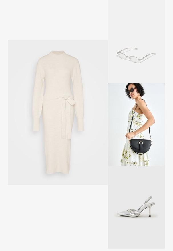 Pletena obleka iz volne v svetlo bež barvi z dolgimi rokavi, ovratnikom, ki spominja na obleko, in detajlom na pasu v obliki kravate, ki poudarja oprijet silhueto.; Srebrna slingback visoka peta čevlja s špičastim nosom, metalnim finišem, dvema dekorativnima trakama in tanko peto z črnim vrhom.; Ovalna očala s kovinsko srebrnim okvirjem, prozornimi lečami in teksturiranimi perlastimi detajli na stenah. Lahka zasnova z ukrivljenimi ročaji.; Črna usnjena torbica s ukrivljeno obliko, z odstranljivo naramnico in zlatimi dodatki. Torbica ima pokrov s podrobnostmi v obliki zaponke.