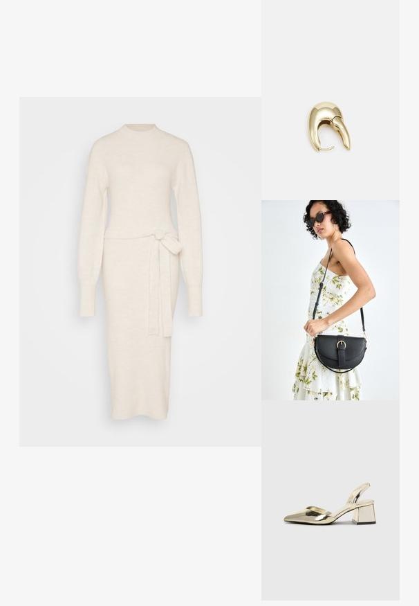 Horgolt pulóverruha törtfehér színben, hosszú ujjakkal, állógallérral és derékon megkötős részlettel, amely testhezálló fazonú.; Arany, fémből készült slingback sarkú cipők hegyes orral és vastag sarokkal. Simaság, minimalista design és keskeny pánt jellemzi.; Fekete bőrtáska ívelt formával, levehető pánttal és arany színű fémrészekkel. A táskán egy csattal díszített fedél található.; Aranyszínű fém fülbevaló, elegáns, ívelt formával. Különleges hegyes alak, fényes felszín és zsanéros záródás jellemzi.