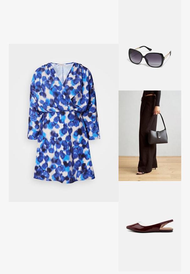 Šaty s leopardím vzorem v modro-bílé barvě, s překládaným designem, výstřihem do V, tříčtvrtečními rukávy a lehkým, splývavým materiálem.; Burgundy lakované slingback baleríny s špičatou špičkou, průhledným výřezem a plochou černou podrážkou. Hladký povrch, minimalistický design.; Černé oversized sluneční brýle se gradientními skly, silnými rámy a zlatými řetízkovými detaily na nožičkách.; Černá kabelka se strukturovaným tvarem, hladkým povrchem a kovovým uzávěrem. Kombinována s širokými černými kalhotami a sandály s otevřenou špičkou na dřevěné podlaze.