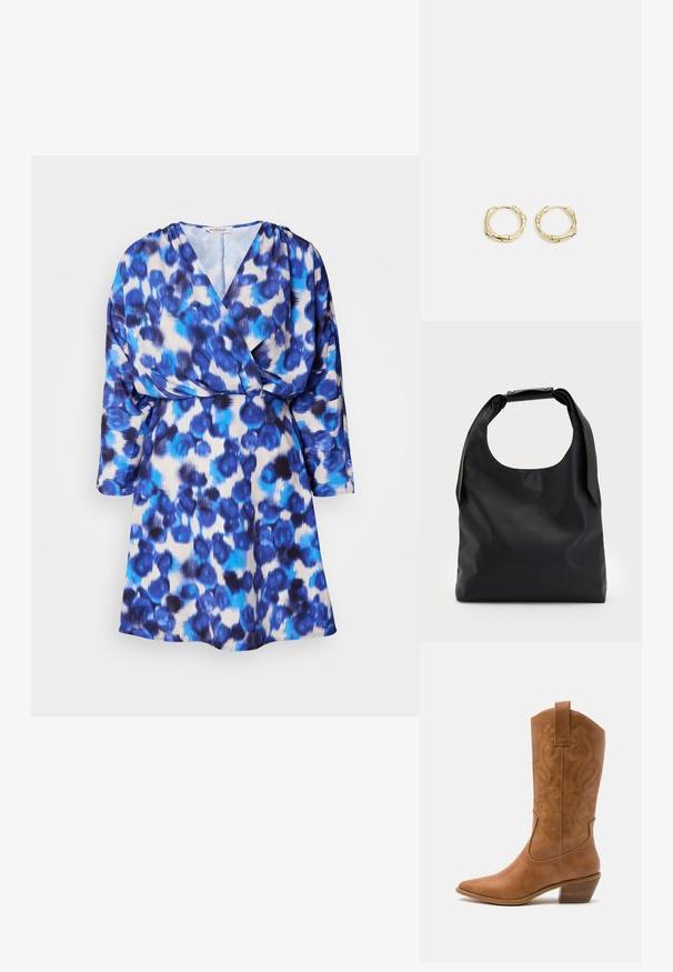 Šaty s leopardím vzorem v modro-bílé barvě, s překládaným designem, výstřihem do V, tříčtvrtečními rukávy a lehkým, splývavým materiálem.; Hnědé kožené kovbojské boty s špičatou špičkou, vyšívanými spirálovými vzory na štítech a s blokovým podpatkem. Obsahují poutko pro snadné obouvání.; Černá kůže hobo taška s jedním měkkým, zaobleným uchopem; má hladkou texturu a minimalistický design. Bez viditelného kovového doplňku nebo akcentů.; Zlaté kruhové náušnice s texturovaným, nepravidelným tvarem. Disponují bezproblémovým uzávěrem a leštěným povrchem, což zdůrazňuje moderní design.
