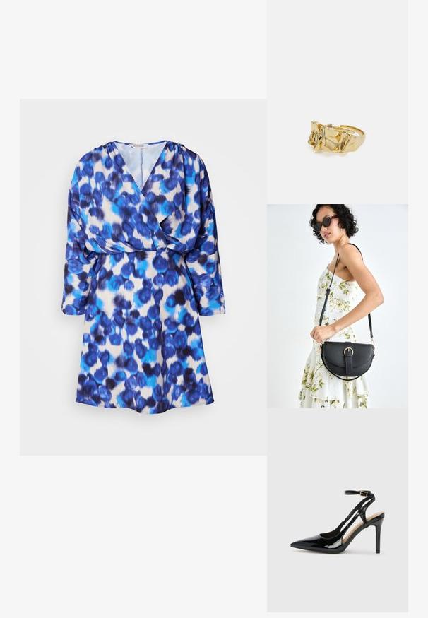 Haljina s leopardićem u plavoj i bijeloj boji, s preklopnim dizajnom, V-izrezom, rukavima do tri četvrtine i tekućom teksturom materijala.; Crne lakirane kožne cipele na visokom potplatu sa otvorenim petama, špicastim vrhom i podesivim remenom oko gležnja. Glatka tekstura.; Crna kožna torba s lukovitim oblikom, odvojivim remenom i zlatnim detaljima. Torba ima preklop s kopčom.; Zlatni prsten s teksturiranim, valovitim dizajnom koji ima tri istaknuta vrha. Glatka, sjajna površina s otvorenom trakom za podešavanje veličine.