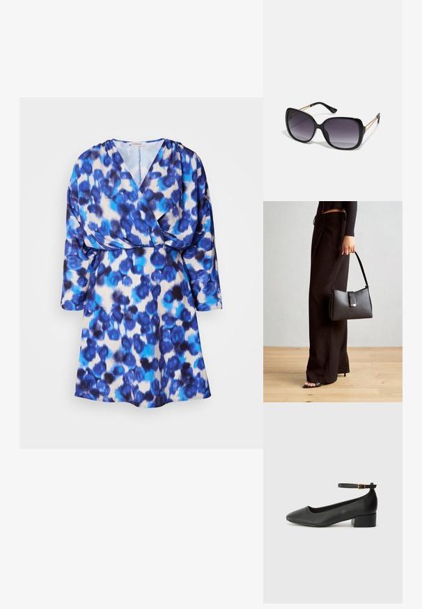 Blauw-witte luipaardprint jurk met een wikkeldesign, V-hals, driekwart mouwen en een vloeiende stoftextuur.; Zwarte leren pump met een spitse neus en een lage blokhak. Beschikt over een enkelband met een goudkleurige gespsluiting. Gladde textuur.; Zwarte oversized zonnebril met gradient glazen, dikke montuur en gouden kettingdetails op de pootjes.; Zwarte handtas met gestructureerde vorm, gladde textuur en een metalen sluiting. Gecombineerd met brede zwarte broeken en sandalen met open teen op een houten vloer.