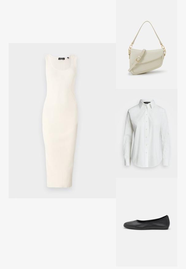 Rövid ujjú, bordázott midi ruha törtfehér színben, testhez simuló fazonnal. Kerek nyakkivágással és diszkrét ívelt varrás részletekkel rendelkezik.; Fehér, hosszú ujjú, gombos ing, pamutból készült. Klasszikus gallérral, hét gombbal és egy diszkrét logóval, amely a mellen van hímezve.; Fekete bőr balettcipő lekerekített orral, sima tekstúrával, minimális varrással és rugalmas talp kialakítással.; Kis krémszínű táska texturált felülettel, hosszú, állítható pánttal, láncos díszítéssel és fedéllel záródik. Aranyszínű fém részletek.