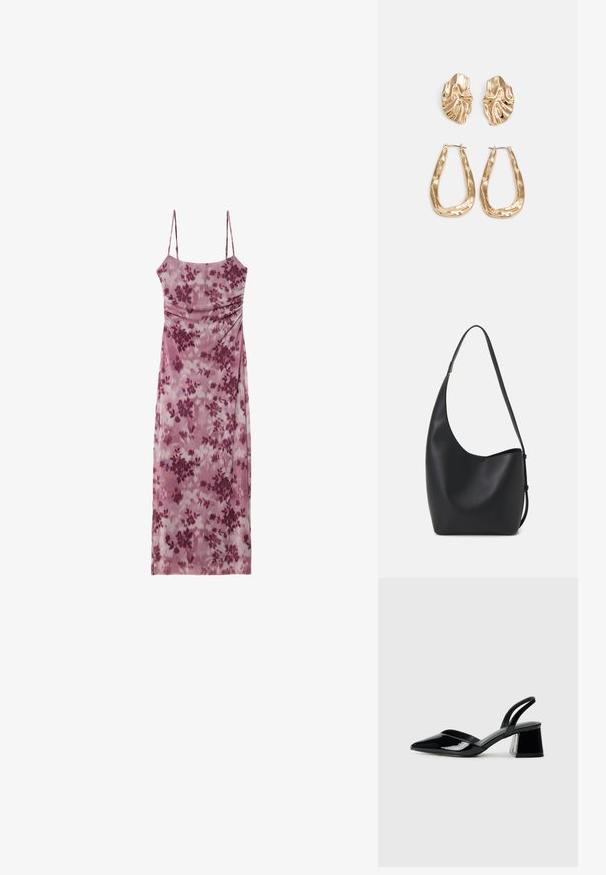 Ärmelloses Kleid aus einem helllila Stoff mit floralem Druck in dunkleren lila Farbtönen. Verfügt über ein tailliertes Oberteil und drapierte Details am Rock.; Schwarze Lackleder-Slingback-High Heels mit spitzem Schuh und einem geometrischen Blockabsatz. Verfügt über ein schlankes, minimalistisches Design und eine glatte Textur.; Schwarze Leder-Hobo-Tasche mit einer glatten Textur, geschwungener Form und einem einzelnen verstellbaren Tragegurt; verfügt über eine weite Öffnung am oberen Ende.; Ohrringe in Goldoptik mit strukturierten, gewellten Formen. Beinhaltet skulpturale Clip-Ohrringe und ein offenes Hoop-Design mit gehämmertem Finish.