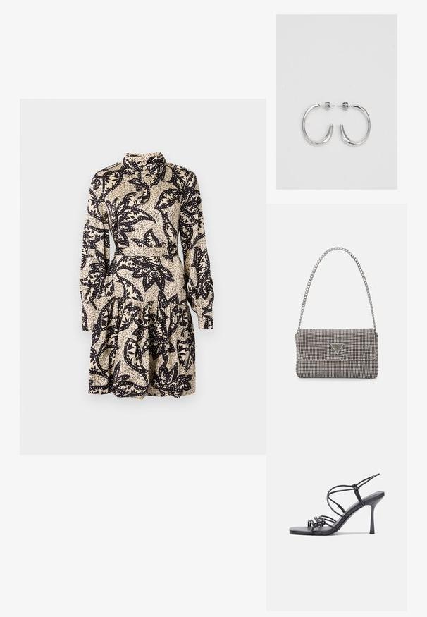 Haljina s cvjetnim uzorkom u krem i crnoj boji, s ovratnikom, dugim rukavima i slojevitim, nabranim rubom. Izrađena od glatkog materijala.; Crne sandale na visokoj potpetici imaju tanke trake s čvorastim dizajnom, glatki kvadratni vrh i elegantnu stiletto petu.; Svijetlosivi metalik ruksač s lancem, ukrašen malim okruglim metalnim zakovicama i trokutastim logotipom marke.; Srebro naušnice u obliku prstena s glatkom, sjajnom završnom obradom. Zaobljenog oblika, laganog dizajna, s kopčom na poleđini.