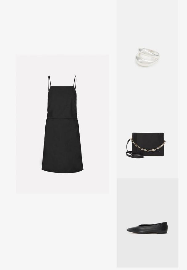 Envii TRIP DRESS - Dnevna haljina - black; Crne kožne balerinke, uski vrh, minimalistički dizajn, glatka tekstura, niska peta, bez vidljivih dodataka ili ukrasa.; Crna kožna torba preko tijela s glatkom teksturom, pravokutnim oblikom i metalnim lancem na prednjoj strani. Uključena je podesiva naramenica.; Srebrna dvostruka prsten s glatkom, poliranom površinom. Karakterizira ga fluidan, zakrivljen dizajn s preklapajućim sekcijama za moderan izgled.
