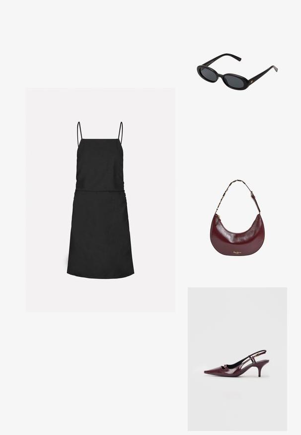 Envii TRIP DRESS - Dnevna obleka - black; Burgundske slingback pete z ostrim nosom, sijajna usnjena površina, majhna odprtina spredaj in ozka stiletto peta z zlatimi poudarki.; Črne oversize sončne očala z ovalnimi lečami, gladkim plastičnim okvirjem in zlatenimi detajli na templjih. Temne leče zagotavljajo zaščito pred soncem.; Pepe Jeans GRACEY - Torbica - burgundy red