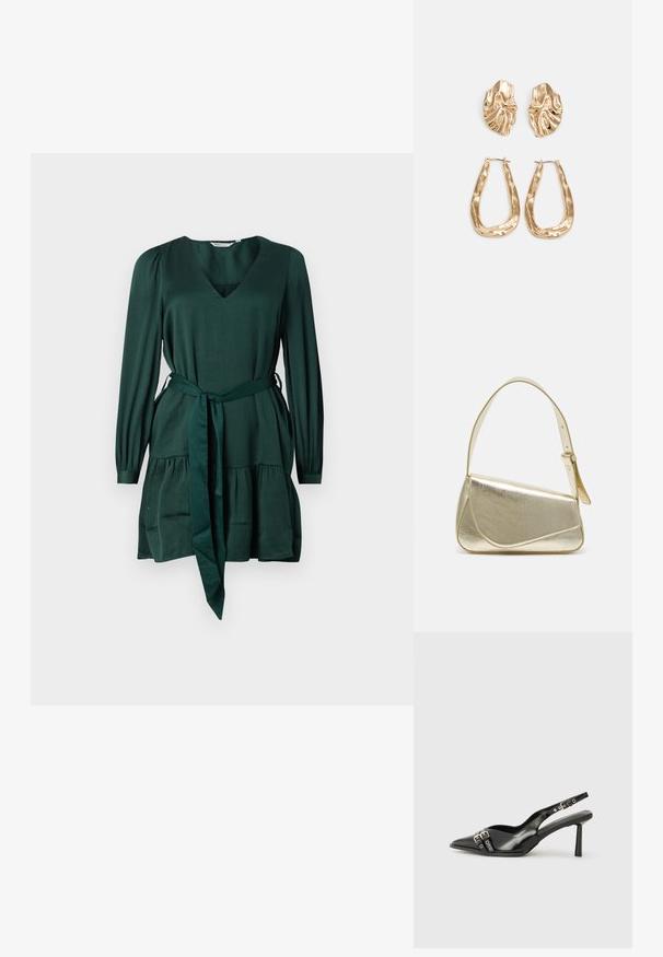 Vestido verde de mangas longas em tecido suave e texturizado. Apresenta um decote em V, laço na cintura e uma saia em camadas. Design simples e elegante.; Sapato slingback preto em pele patentada com bico apontado, tiras no tornozelo apresentando fivelas e acessórios prateados, e um salto elegante.; Bolsa de mão metálica dourada com um design estruturado, textura suave e alça ajustável. Apresenta uma forma triangular única e costura minimalista.; Brincos em tom de ouro com formas onduladas e texturizadas. Inclui studs escultóricos com presilha e um design de argola aberta com um acabamento martelado.