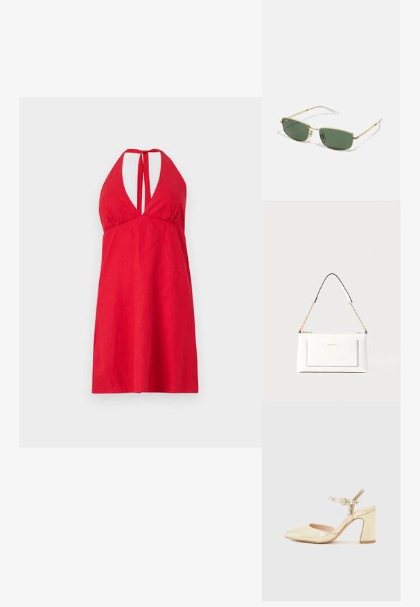 Rochie roșie cu bretele halter, având un decolteu adânc, bretele ajustabile și un material ușor. Design simplu, de lungime până la genunchi, cu o textură uniformă.; Pantof metalic auriu cu toc, varf ascutit, curea pentru glezna cu un sistem de prindere circular si un design cu toc chunky. Textura neteda.; Ochelari de soare cu ramă din metal auriu, lentile verzi, formă unghiulară și vârfuri transparente. Branding notabil pe lentila stângă.; Geantă de mână din piele albă cu un finisaj texturat, având o curea din lanț aurie și accente negre. Include un buzunar frontal și închidere cu fermoar.