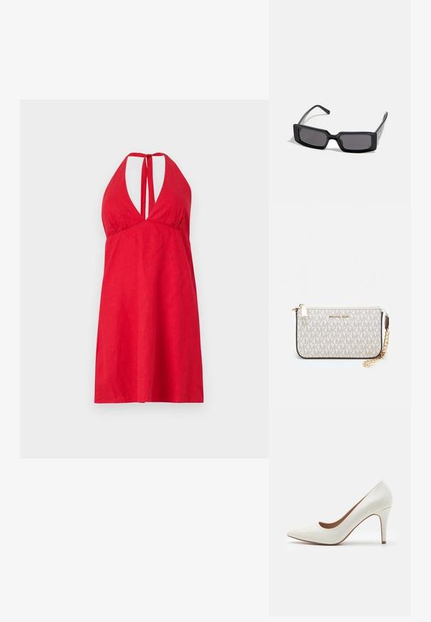 Crvena halter haljina s dubokim izrezom, podesivim trakicama i laganom tkaninom. Jednostavan, do koljena dug dizajn s ravnom teksturom.; Bijela lakirana kožna cipela s visokom potpeticom, zašiljenog vrha i glatke površine, s vitkom potpeticom i niskim izrezom oko otvora.; Crne Sunčane naočale s pravokutnim okvirom, tamnim lećama i glatkom sjajnom završnom obradom. Imaju tanke strane s diskretnim logom sa strane.; Michael Kors novčanik na zapešću u bež premazanoj tkanini s ponavljajućim uzorkom MK loga, zlatnim hardverom i odvojivim lancem za nošenje.; Zlatne metalne naušnice s valovitom dizajnom; glatka, reflektirajuća površina; asimetričan oblik; bez vidljivih uzoraka ili hardvera.