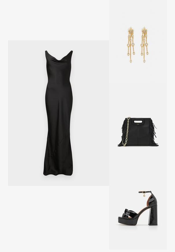 Juodas atlasinis vakarinis suknelė su suknele kaklu, liekna forma ir grindų ilgio apdaila. Lygus paviršius su subtiliu blizgesiu.; Maje Aukštakulniai sandalai - noir; Juodas odinis rankų darbo rankinys su frinzuotomis detalėmis, auksine grandinės petneša ir išpjauto dizaino rankena. Pirmoje pusėje yra logotipo vieta.; Aukso spalvos auskarai su keliais kaskadiniais grandinėlėmis, su skaidriais ovaliais kristalų akcentais ir dekoratyviniais auskarų priekiais.