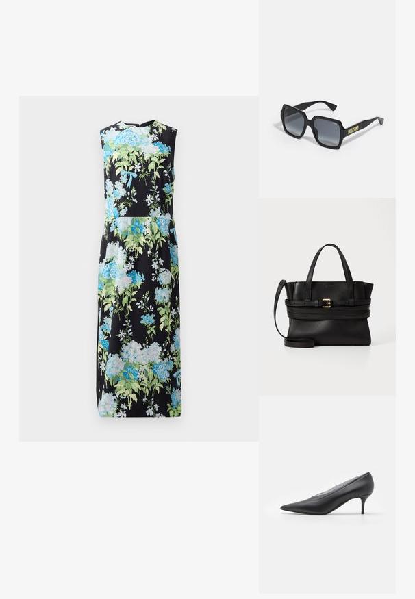 Rochie fără mâneci cu un fundal negru, prezentând flori albastre și verzi, textură netedă, design până la genunchi și decolteu rotund.; Pantofii cu toc înalt, ascuțit, de culoare neagră, sunt realizați din piele netedă. Acestea au un toc subțire și un design minimalist, fără embellishmente vizibile.; Ochelari de soare pătrați negri cu lentile gri cu gradient; prezintă accente subtile și brandul "MOSCHINO" inscriptionat în galben pe braț.; Geantă de mână din piele neagră cu un design structurat, mânere superioare duale, curea detașabilă și accente din aur pe o bandă orizontală.
