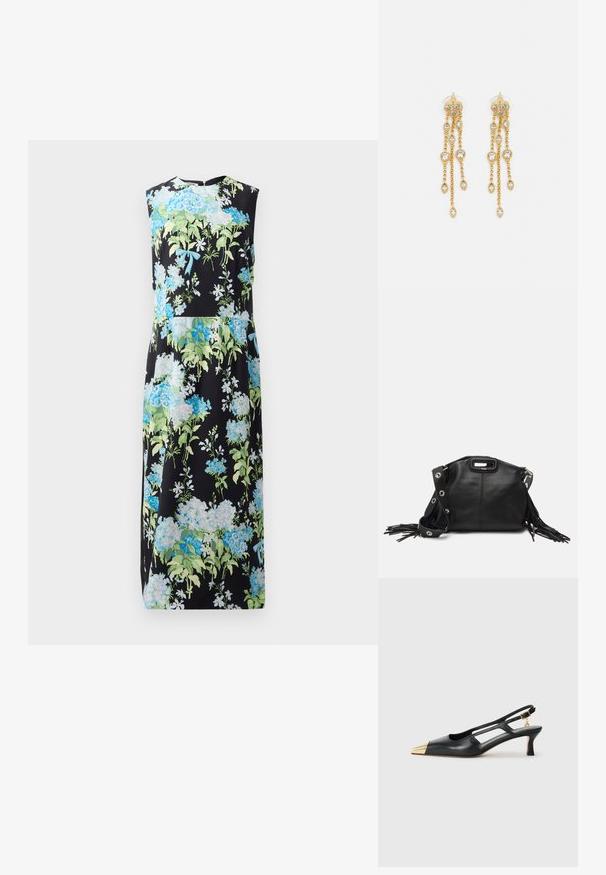 Cvečni brezrokavnik z črnim ozadjem, ki ima modre in zelene rože, gladko teksturo, dolžino do kolen in okroglo izrez.; Črne usnjene sandače s koničastim nosom in zlatim kovinskim špirom. Imajo izrezljan dizajn in vitko peto z nastavljivim trakom.; Maje MISS MINI - Torba čez telo - noir; Zlato-tonirane uhane z več kaskadnimi verigami, ki vključujejo prozorne ovalne kamenčke in okrasne zgornje dele.