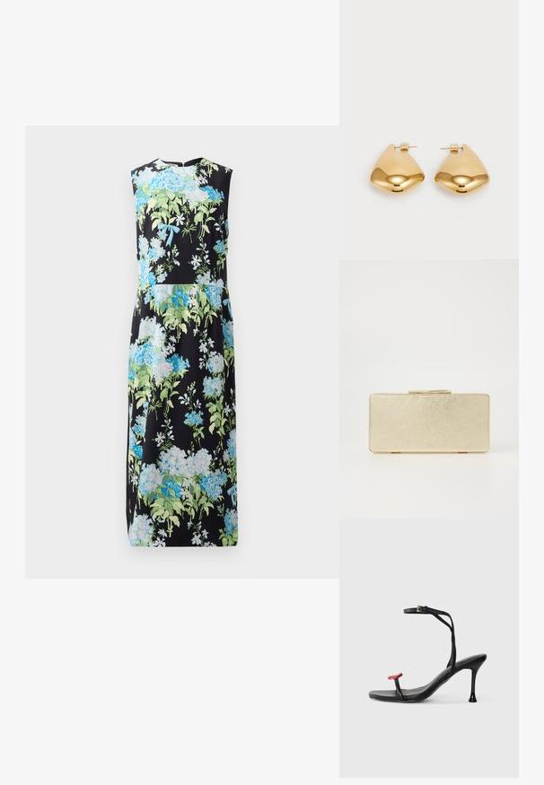 Cvjetna haljina bez rukava s crnom pozadinom, s plavim i zelenim cvjetovima, glatke teksture, dužine do koljena, s okruglim izrezom.; Crne sandale s visokom potpeticom imaju tanke naramenice oko gležnja i crveni detalj na prstima. Karakteriziraju ih elegantan dizajn i sjajna završna obrada, uz štiklu u obliku igle.; Zlatna torbica za večernje izlaske s glatkom metalnom površinom, pravokutnog oblika i jednostavnim kopčanjem. Bez vidljivih uzoraka ili ukrasa.; Zlatne metalne naušnice sa glatkim, zaobljenim trokutastim oblikom i dizajnom s postavljanjem na poleđini; reflektirajuća površina s minimalnim detaljima.