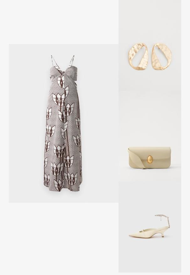 Maxi ruha vékony pántokkal, barna és fehér absztrakt virágmintával, strukturált anyagon. Rugalmas derék a kényelem érdekében.; Krém színű, hegyes orrú, slingback sarkú cipő vékony elülső pánttal és ékszerekkel díszített bokapánttal fehér háttérrel.; Beige bőrtáska sima textúrával, téglalap alakban, arany ovális zárral. Hosszú, állítható pánttal rendelkezik.; Egy pár szabálytalan, ovális formájú, aranyszínű fém fülbevaló, enyhén kalapált felülettel, fehér háttéren.