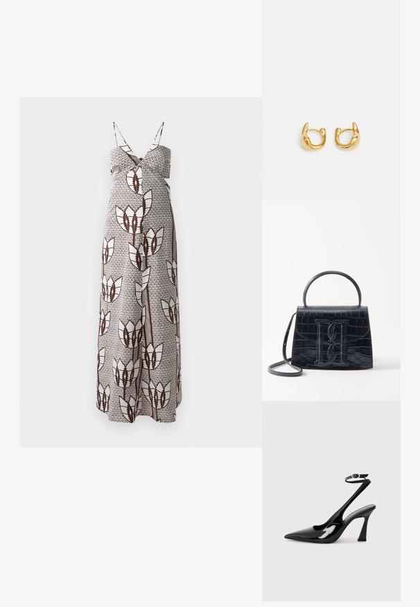 Maxi suknelė su plonomis petnešėlėmis, kuri pasižymi rudos ir baltos abstrakčių gėlių raštu ant tekstūruoto audinio. Elastinga juosmens dalis komfortui.; Juodai lakuoti slingback aukšti kulniukai su smailiu nosiu, reguliuojama čiurnos juostele ir vidutinio dydžio blokiniu kulnu. Lygus paviršius su blizgiu apdaila.; Juodas krokodilo rašto odinis rankinės krepšys su struktūruotu dizainu, viršutine rankena, reguliuojamu dirželiu ir išsiskiriančiu priekinio logo detale.; Auksiniai auskarai-žiedai su lygiu, apvaliu dizainu ir blizgiu paviršiumi. Auskarai turi kompaktišką, masyvų forma ir be siūlių užsegimą.