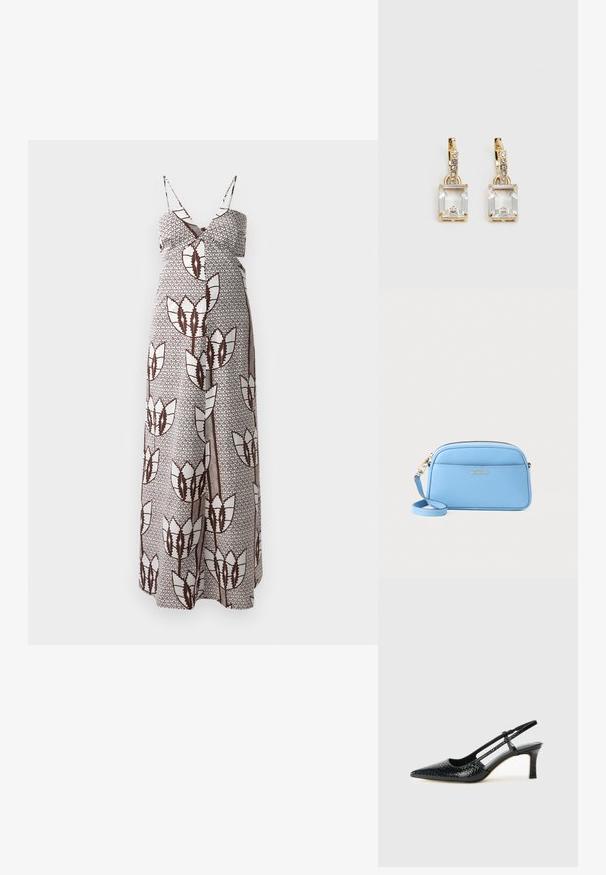 Maxi ruha vékony pántokkal, barna és fehér absztrakt virágmintával, strukturált anyagon. Rugalmas derék a kényelem érdekében.; Fekete lakk slingback sarok, hegyes orral, texturált kígyómintával, állítható pánttal és rövid, texturált tömbsarkal.; Világoskék bőr keresztpántos táska aranyszínű fémszerelvényekkel, cipzáras záródással és elülső zsebbel. Állítható pánttal rendelkezik a kényelmes viselet érdekében.; Aranyszínű fülbevalók, melyek egy téglalap alakú, tiszta kristállyal díszítették, ami egy sor kis, kerek, tiszta kiegészítő alatt lóg. Letisztult, modern dizájn.