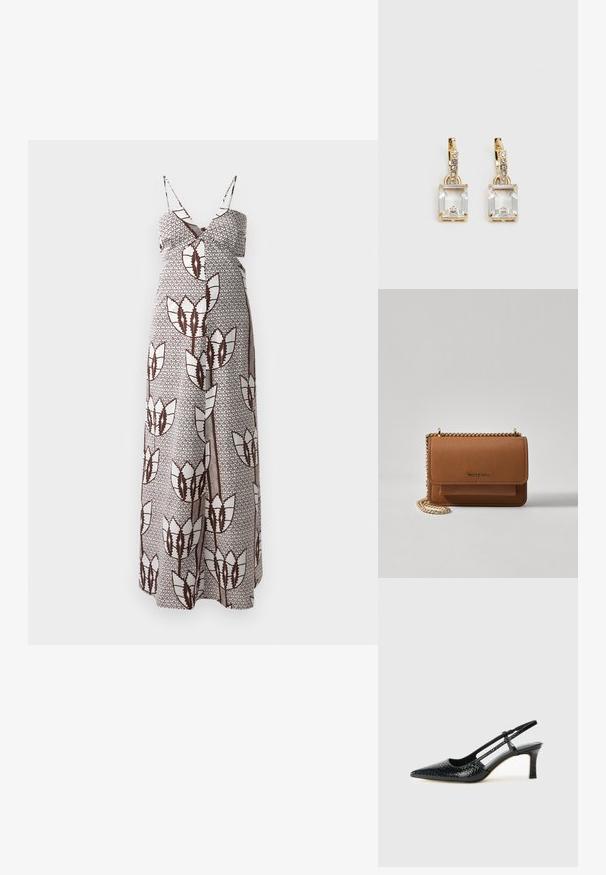 Maxime-kjole med tynde stropper, prydet med et brunt og hvidt abstrakt blomstermønster på et tekstureret stof. Elastisk talje for komfort.; Musta patent slingback-kiilakorko teräväkärkisellä muotoilulla, jossa on teksturoitu käärmeennahkakuosi, säädettävä remmi ja lyhyt, teksturoitu blokkiheel.; Ruskean teksturoidun nahkasta valmistettu crossbody-laukku, jossa on kultaketjuhihna ja läppäkiinnitys. Edessä on logodetail ja tasku läppäisen alla.; Kulta-sävyiset korvakorut, joissa on suorakulmainen, kirkas kivi roikkumassa pienen, pyöreän kirkkaan korosteen rivin alapuolella. Tyylikäs, moderni muotoilu.