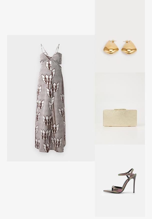 Maxi suknelė su plonomis petnešėlėmis, kuri pasižymi rudos ir baltos abstrakčių gėlių raštu ant tekstūruoto audinio. Elastinga juosmens dalis komfortui.; Aukštakulniai sandalai su daugiakrypčiu, tekstūruotu gyvatės raštu. Savybės - reguliuojamos kulkšnies juostos ir smailus pirštas.; Auksinė delninė su lygiu metaliniu paviršiumi, stačiakampio formos ir paprastu užsegimu. Nėra matomų raštų ar dekoracijų.; Auksinės metalinės auskarai su lygia, suapvalinta trikampio forma ir užsegimu; blizgus paviršius su minimaliais dekoratyviniais elementais.