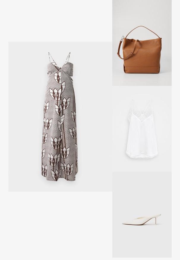 Maxi sukienka z cienkimi ramiączkami, z brązowym i białym abstrakcyjnym wzorem kwiatowym na teksturowanej tkaninie. Elastyczna talia dla wygody.; Biała koszulka na ramiączkach z dekoltem w serek, cienkimi ramiączkami, teksturowanymi koronkowymi akcentami na ramionach i zaokrąglonym dołem. Gładka tekstura materiału.; Białe mule z ostrym noskiem i niskim obcasem w kształcie słupka. Wykonane z gładkiego materiału o minimalistycznym designie i subtelnym brązowym detalem na podeszwie.; Listonoszka ze skóry w odcieniu brązowym o miękkiej fakturze, z jedną regulowaną rączką i luźnym fasonem. Prosta marka z przodu.