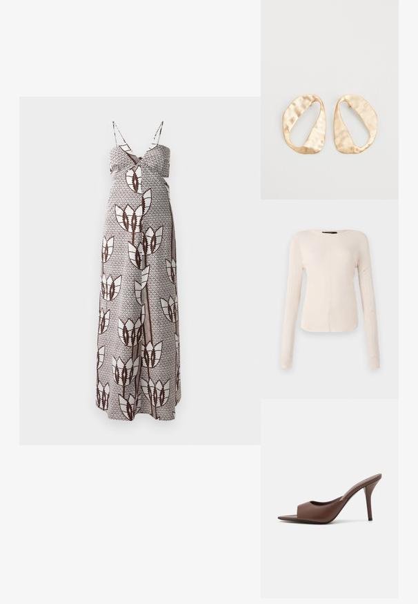 Maxi dress with thin straps, featuring a brown and white abstract floral pattern on a textured fabric. Elasticized waist for comfort.; Long-sleeve, light beige top with a round neckline. Made of soft fabric, features a central seam and slightly curved hem. No visible hardware.; Brown leather open-toe high-heeled mules with a sleek design, featuring a wide front strap and a slender stiletto heel.; Pair of irregular oval-shaped gold-toned metal earrings with a textured, slightly hammered surface on a white background.