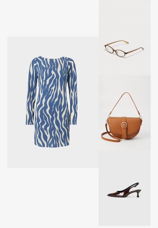 Kék és krém színű, hosszú ujjú ruha hullámmintával, kerek nyakkivágással és egyenes fazonnal, sima anyagból készült.; Barna lakkbőr slingback cipő hegyes orral és mérsékelt sarkal. Biztonságos illeszkedést biztosító csattal rendelkezik. Sima textúra.; Barna teknős páncélmintás szemüveg, ovális lencsékkel, vékony szárakkal és átlátszó részletekkel. A templomon diszkrét logó található. Elegáns, könnyű dizájn.; Barna bőr keresztbody táska ívelt formával, aranyszínű fémrészekkel és csat díszítéssel. Levehető vállpánttal rendelkezik.